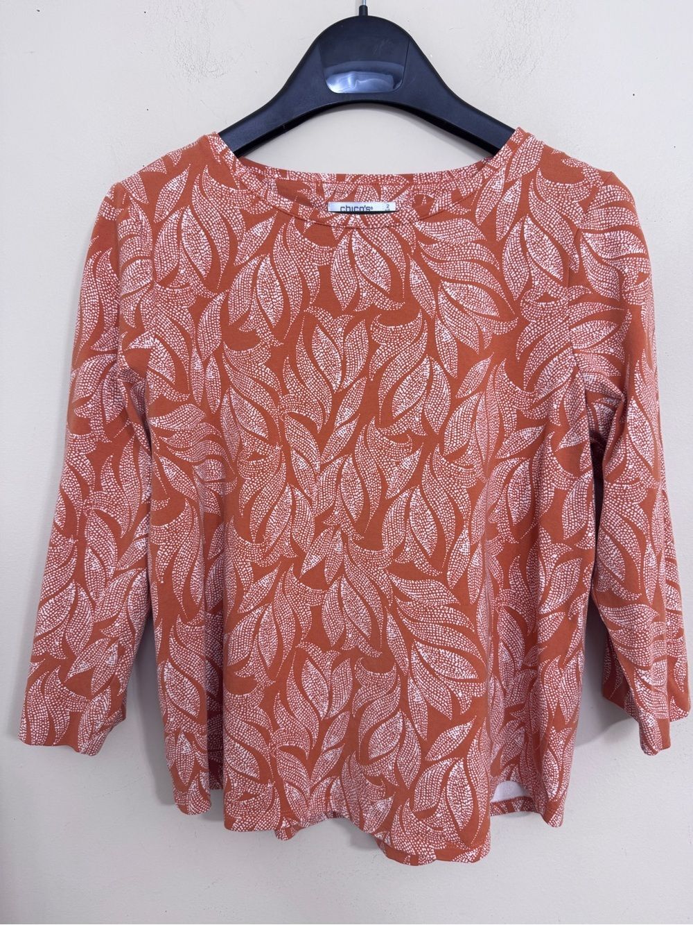 Chico's Rust Leaf-Print 3/4 Sleeve Top size L Casual Fall Grandmacore Earthy